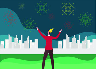 New year vector concept: Young man enjoying fireworks on the night sky while celebrating new year 