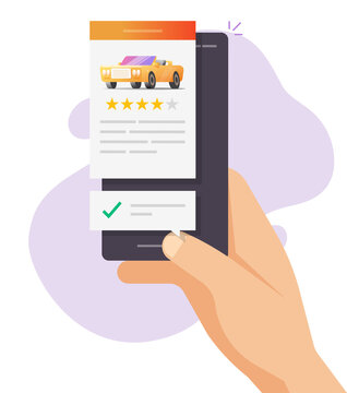 Car vehicle rental shop review rank reputation text online phone app, smartphone automobile testimonial feedback expertise, customer hand rating internet web page vector flat, test drive auto access
