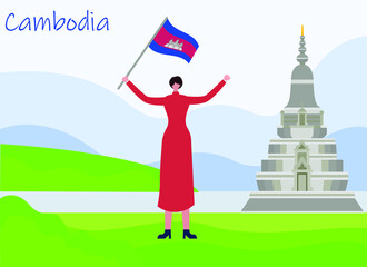 Independence day vector concept: Young woman feeling proud while holding cambodia flag 