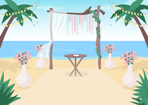 Beach wedding flat color vector illustration. Floral archway. Gate with flowers for matrimony service. Tropical arrangement. Marriage service 2D cartoon landscape with sea on background