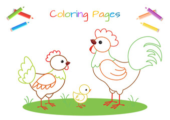 Rooster, hen and chicken. Coloring book for little ones. Educational game for children. Cartoon vector illustration