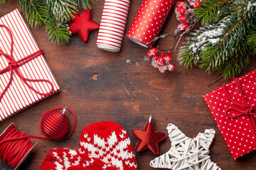 Christmas gift packaging, paper rools, decor and fir tree