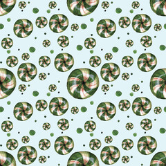 Watercolor seamless Christmas pattern with a decorated Christmas green candy. Festive Christmas background with colorful decor