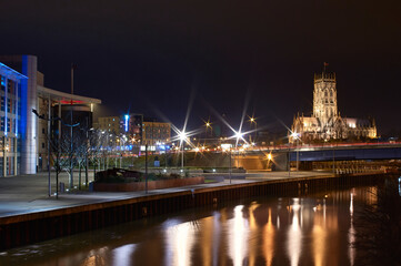 Doncaster Waterfront night panorama with St.George church