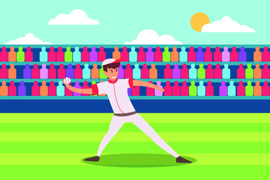 Sport vector concept: Baseball player throwing the ball in the stadium while wearing player uniform