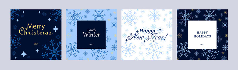 Naklejka na ściany i meble Merry Christmas, Happy New year, Winter holidays greeting cards coolection. Trendy square art templates. Snowflake vector background