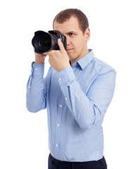 Obraz premium portrait of male photographer taking photo with modern dslr camera isolated on white