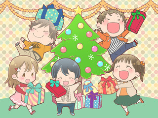 プレゼントをもらって喜ぶ子供たち_クリスマスツリー