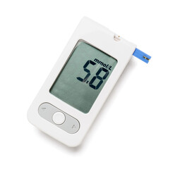 Modern glucometer on white background