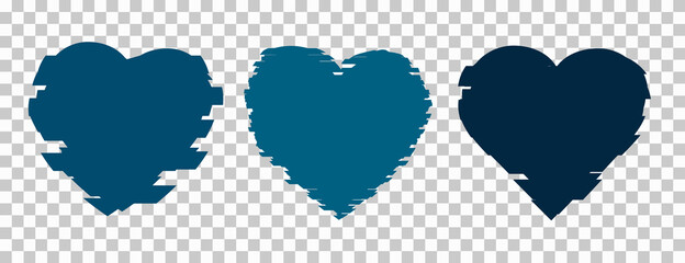 Set of blue grunge heart shapes, Icons. Love Symbol are on transparent, squared background Vector illustration