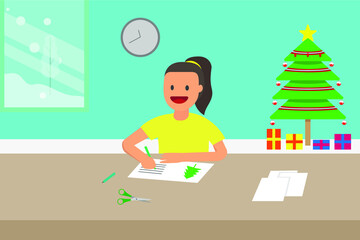 Christmas vector concept: Teenage girl writing a christmas card at home with christmas tree on the background