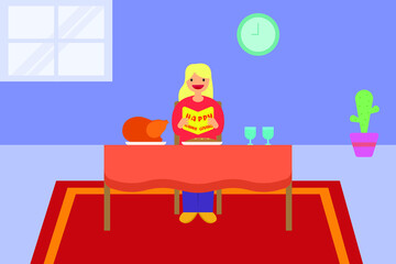 Obraz na płótnie Canvas Thanksgiving vector concept: Woman reading a thanksgiving greeting card with turkey and pie on the table in the dining room