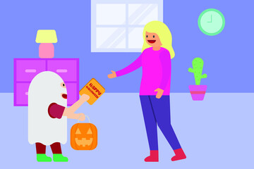 Halloween vector concept: Boy in ghost costume giving halloween greeting card to his mother while holding a lantern shaped pumpkin at home