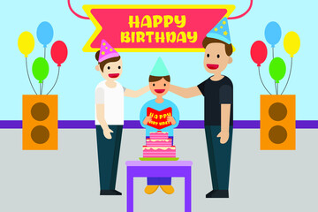 Birthday vector concept: Boy reading a birthday greeting card with his parents and a birthday cake on the table