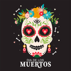 Dia de Los Muertos composition. Traditional Mexican festival. Sugar mexican skull with floral decoration. Illustration for poster, banner, card, invitation etc. Colorful vector template.