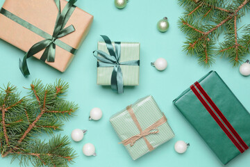 Christmas composition with gifts on color background