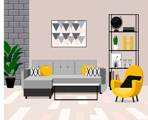 Stylish living room interior with gray sofa and small coffee table and yellow armchair. Apartment interior design