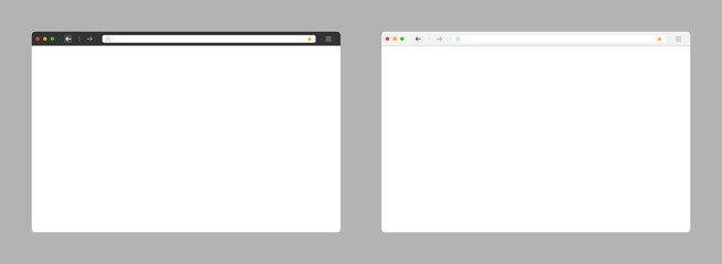 Web browser. Black and white template. Browser window with blank page. Computer screen. Webpage toolbar interface. Desktop search bar. Monitor ui. Internet page mockup. Vector EPS 10.