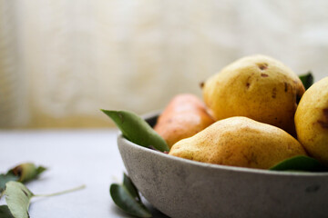A bowl of fresh pears served on the table. Closeup view. 