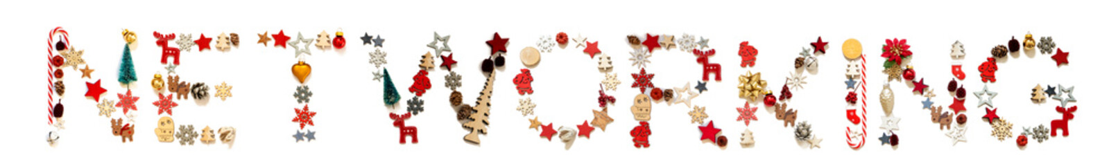 Colorful Christmas Decoration Letter Building English Word Networking. Festive Ornament Like Christmas Tree, Star And Ball. White Isolated Background