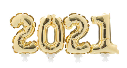 Balloons in shape of figure 2021 on white background. New Year celebration