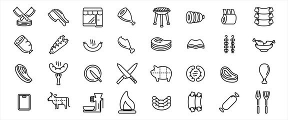 Simple Set of butchery and meat shop Related Vector icon graphic design. Contains such Icons as knife, rib, tenderloin, pork, sausage, meat slice, grinder, barbecue, grill and cow