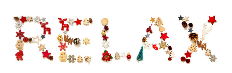 Colorful Christmas Decoration Letter Building English Word Relax. Festive Ornament Like Christmas Tree, Star And Ball. White Isolated Background