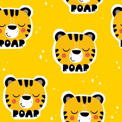 seamless pattern with cartoon tigers, hand drawing lettering, decor elements on a neutral background. Colorful vector flat style for kids. Animals. hand drawing. baby design for fabric, print, wrapper