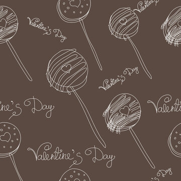 Valentine's day Seamless pattern with cute and yummy collection chocolate covered oreo pops white illustration on brown background. Pastry sweets vector bakery products desserts.