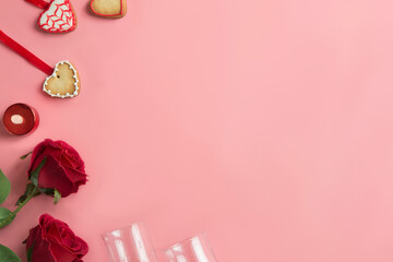 Valentines day dinner on pink background. View from above.