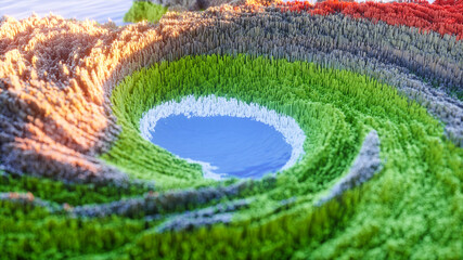 Abstract colorful background. Digital nature art. Abstract 3d topographic nature landscape with green grass and blue lake. 3D Rendering