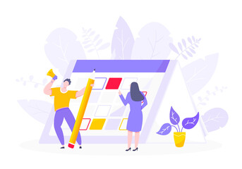 Calendar planning schedule business concept vector illustration. Tiny people with large pencil, magnifier do working plan on day calendar and checks dates. Time management or deadline metaphor.