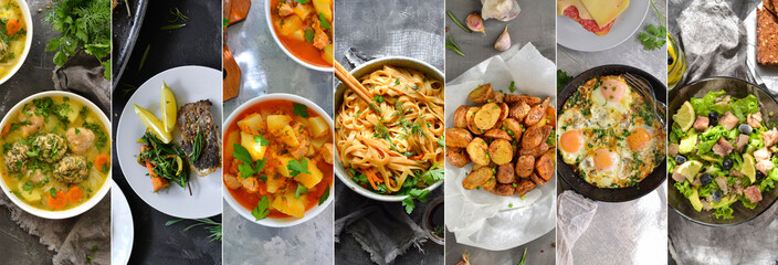 Collage of various food. Meat dishes and vegetable dishes. Menu. Food on the plates.