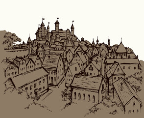 Obraz premium Castle in the old town. Vector drawing