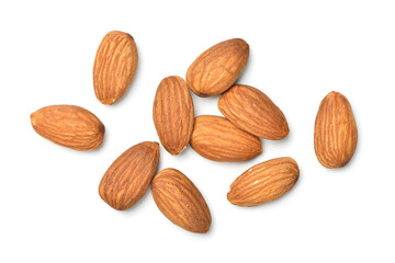 Flat lay (top view) of Almond seeds on white background.