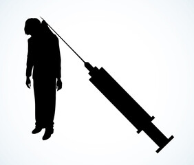 Vector poster against drug abuse: a man caught in a syringe needle