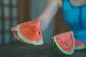 Summer watermelon and sweet girl in Japanese Garden