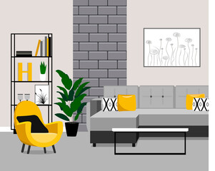 Stylish living room interior with gray sofa and small coffee table and yellow armchair. Apartment interior design