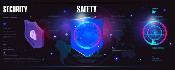 Fototapeta premium Protection concept. Shield. Digital data protection. Cyber security. Innovative cyber banner with security shield. Protective cyber technologies on abstract background with HUD elements