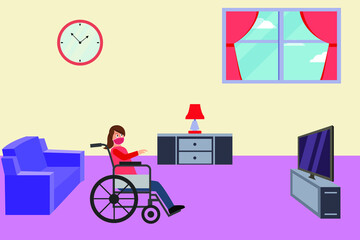 Disability vector concept: Disabled woman wearing a face mask and sitting on wheelchair while watching TV at home during quarantine caused by coronavirus outbreak