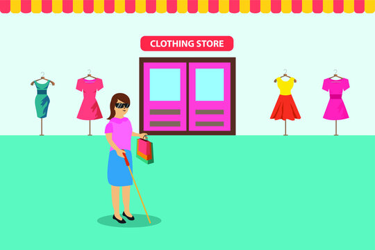 Disability Vector Concept: Blind Woman Walking With A Stick While Holding Shopping Bags At Mall With Clothing Store Background