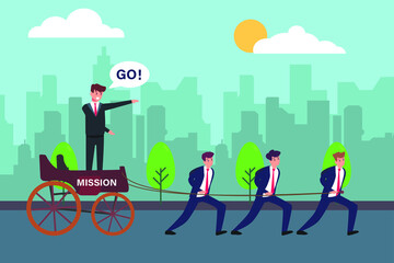 Leadership vector concept: Male boss commanding his worker to pull mission cart while standing on the cart