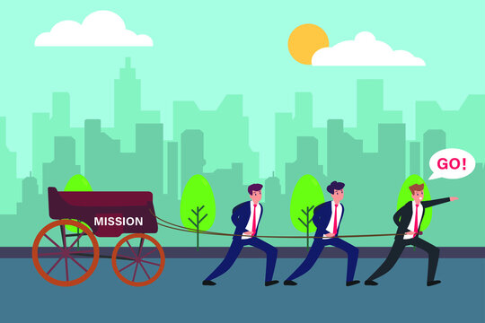 Good leadership vector concept: Team leader pulling mission cart with his team while giving command to follow him on the team