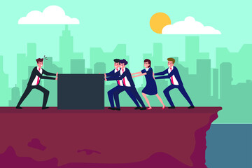 Fototapeta premium Teamwork vector concept: Success business team work together to save them pushed by their rival and push back him