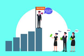 Obraz premium Business vector concept: Corrupt success businessman asking money for a bribery as his help on worker