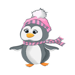 Cute penguin in a pink hat and scarf. Vector illustration
