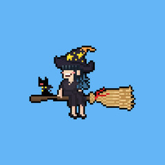 Pixel art cartoon cute witch on the flying broom.