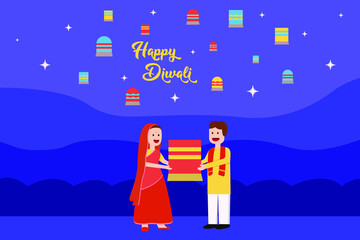 Happy Diwali vector concept: Happy Indian couple holding lantern together to be released while Diwali celebration at night