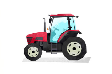 Watercolor red tractor. Cartoon print for kids room. Boys bedroom decor. Isolated industrial machine