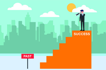 Business vision vector concept: Success businessman standing on the top stairs with success text wile looking at the past signpost